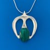 Green, horizontally banded oval malachite stone pendant set in abstract silver arches
